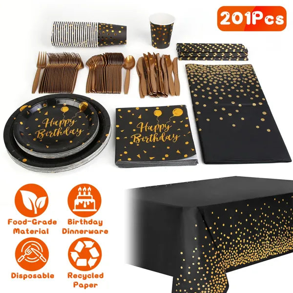 201PCS Black Gold Birthday Party Supplies For 25 Guests Happy Birthday