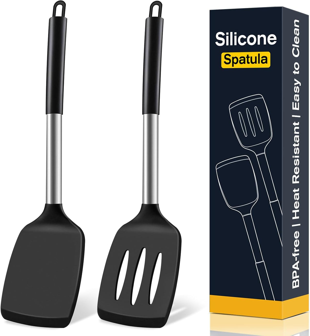 2 Pack Silicone Spatula Set, Solid & Slotted Turners For Non-Stick Pan