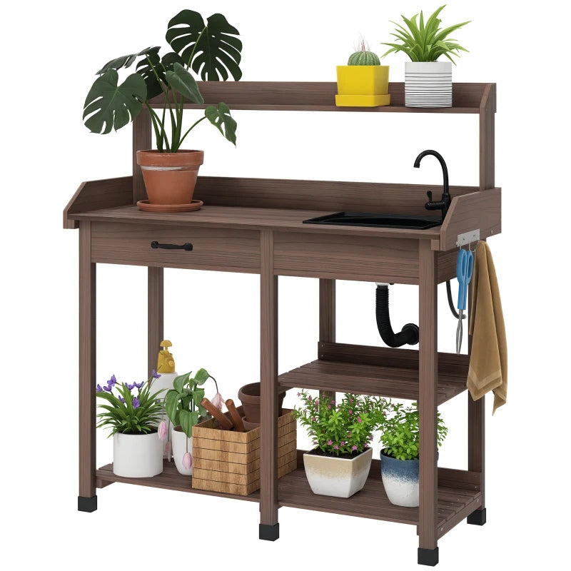Potting Bench Table, Outdoor Garden Table Wooden Work Station With Rem
