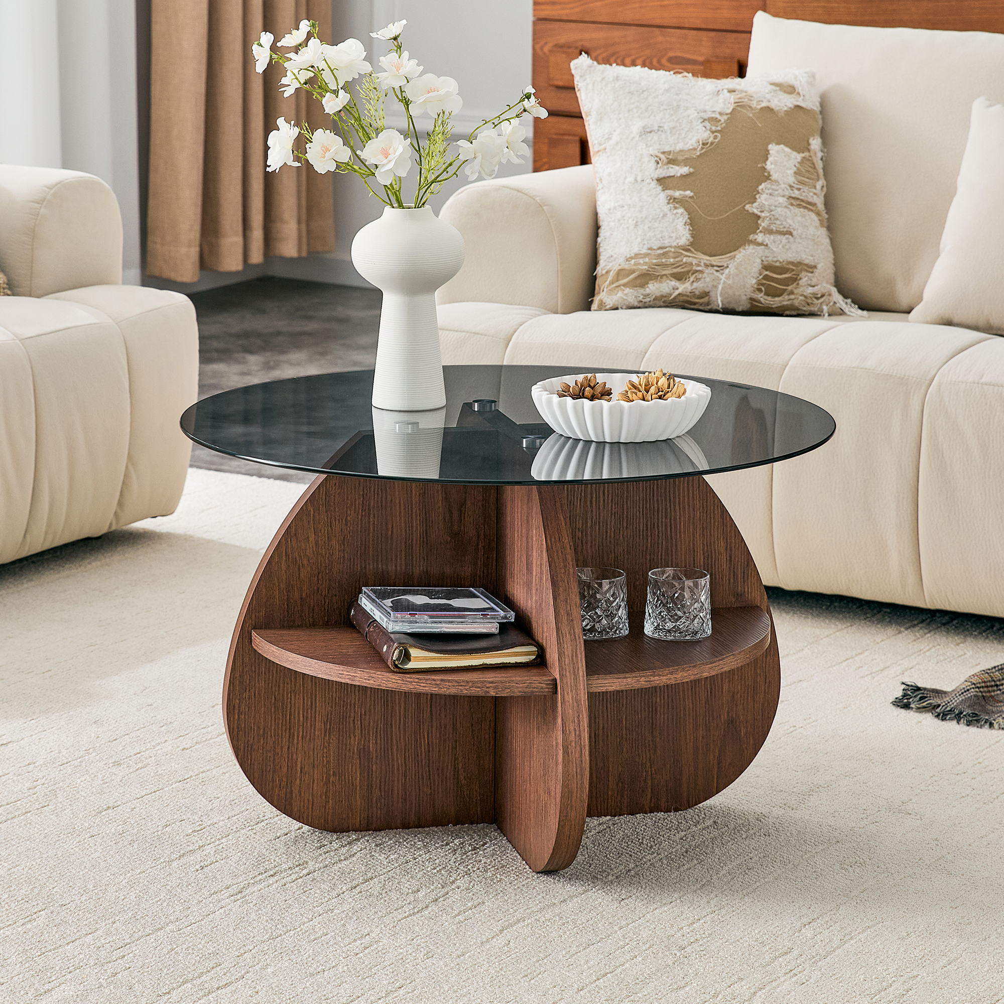 Creative Cross-Structure Round Coffee Table With Gray Tempered Glass T