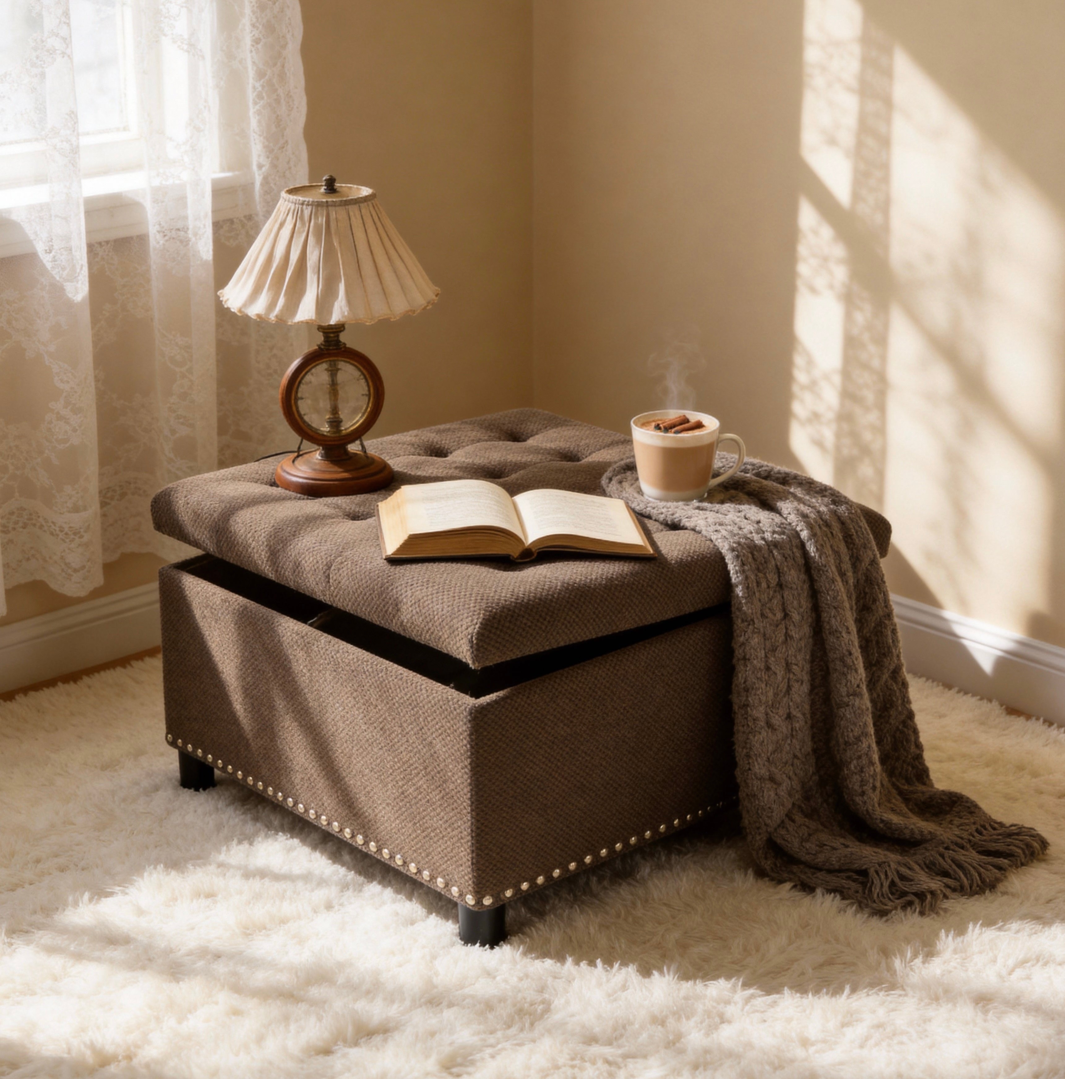 Storage Ottoman, Tufted Footstool, Nailhead Trim Ottoman, Square Stora