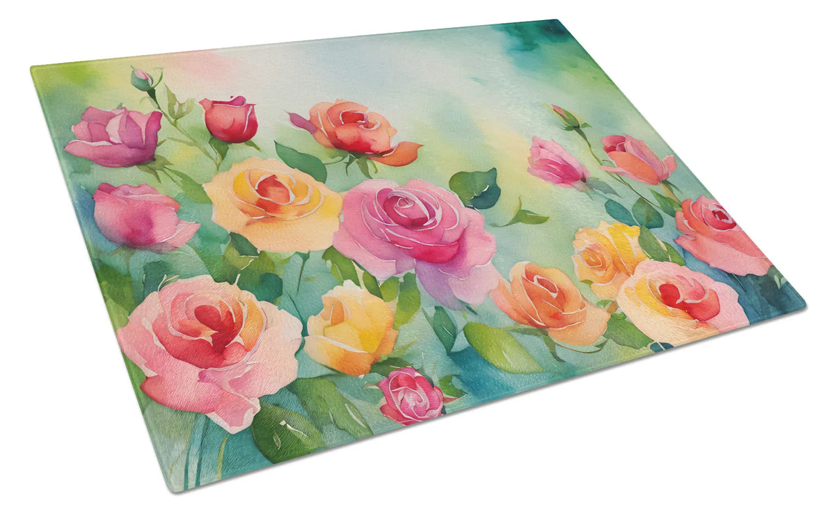 NEW Roses in Watercolor Glass Cutting Board Decorative Tempered Glass