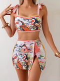 2026 New Toucan Print Three Piece Bikini Set Tie Shoulder + Beach Cove