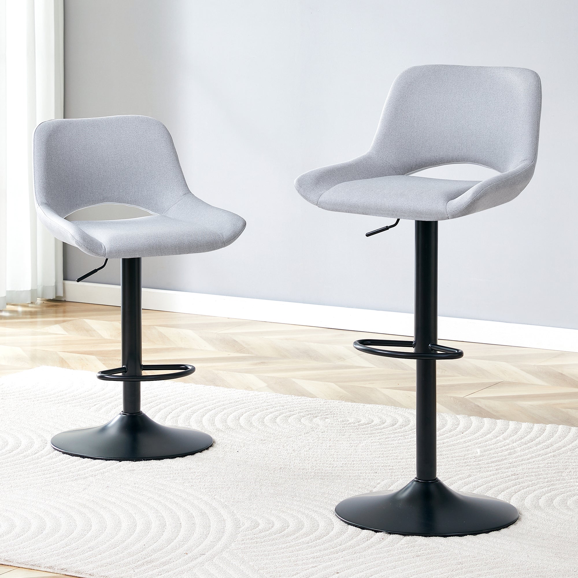 Modern Swivel Adjustable Bar Stools Set - 2 Pack, Light Gray Linen Fab
