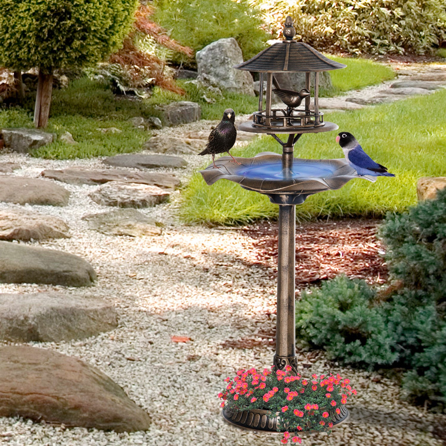 3-in-1 Garden Bird Bath Bowl Pedestal With Bird Feeder, Large Water Ba