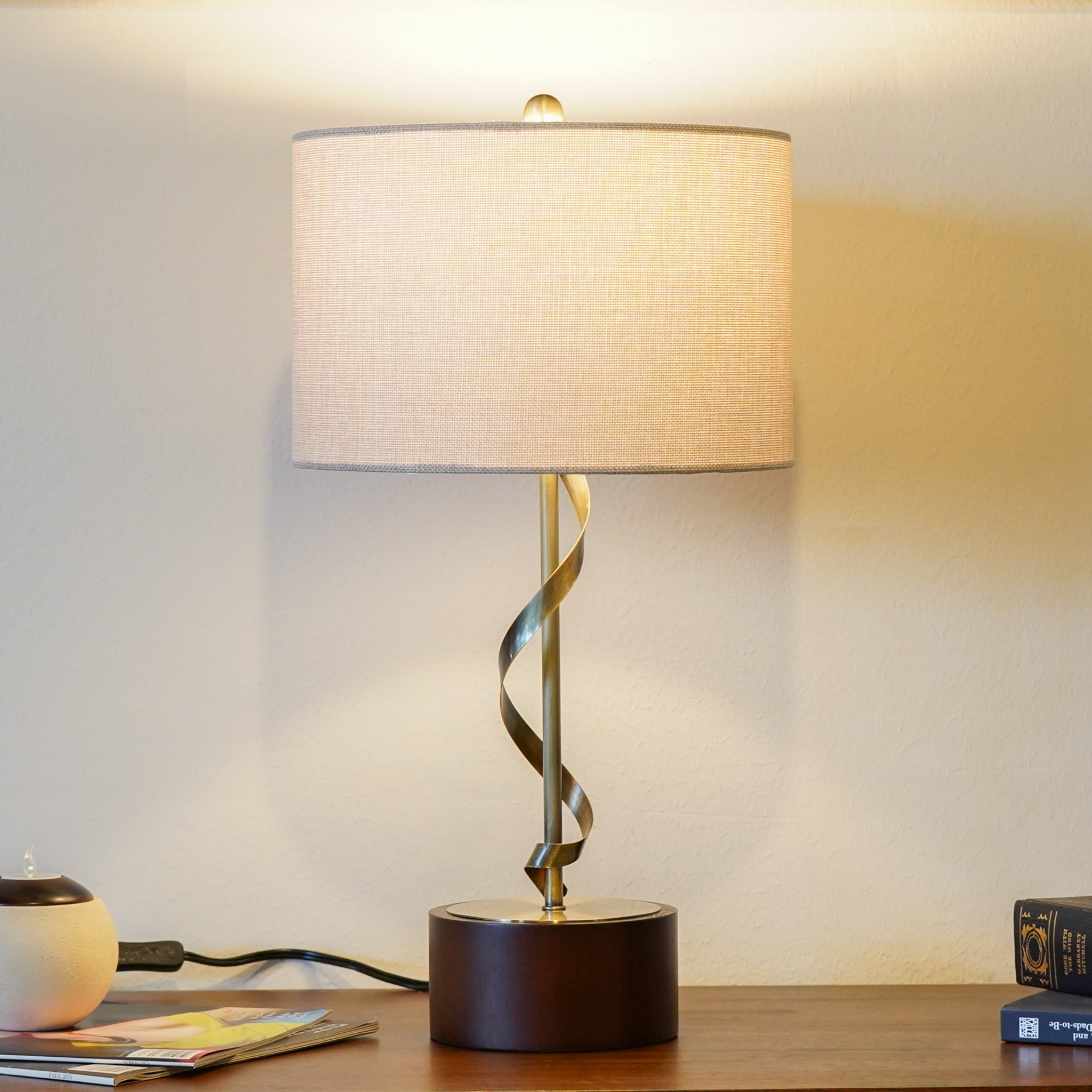 Solid Wood Bedside Lamp with Twisted Metal Base