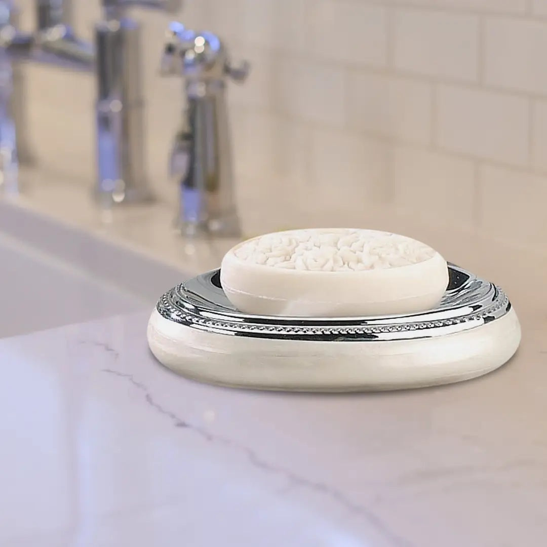 Enamel Soap Dish with Chrome Trim