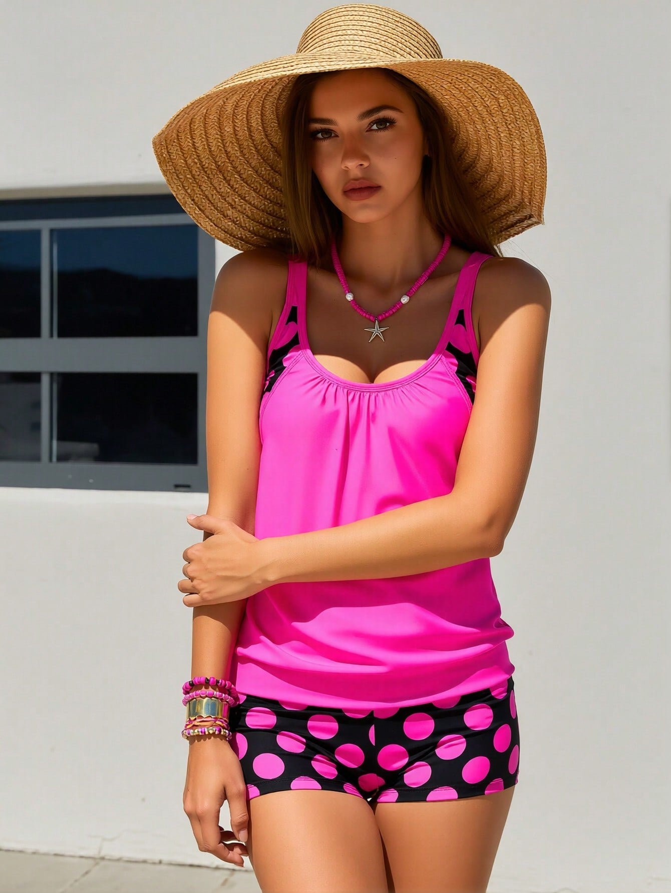 2026 New Hot Pink Tankini Swimsuit Set, Scoop Neck Loose Tank Top & Po