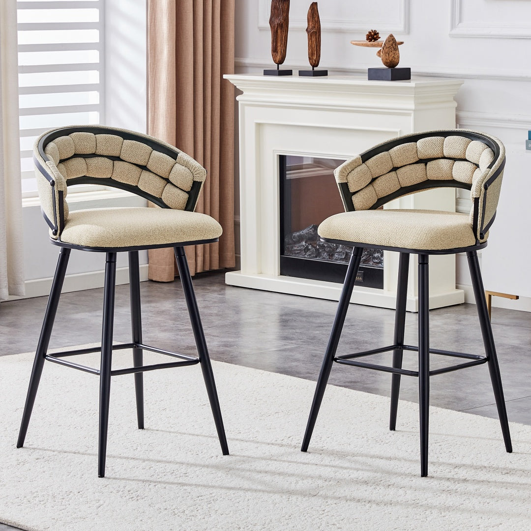 Set Of 2 Beige Chenille Bar Stools With Black Iron Legs, Modern Kitche