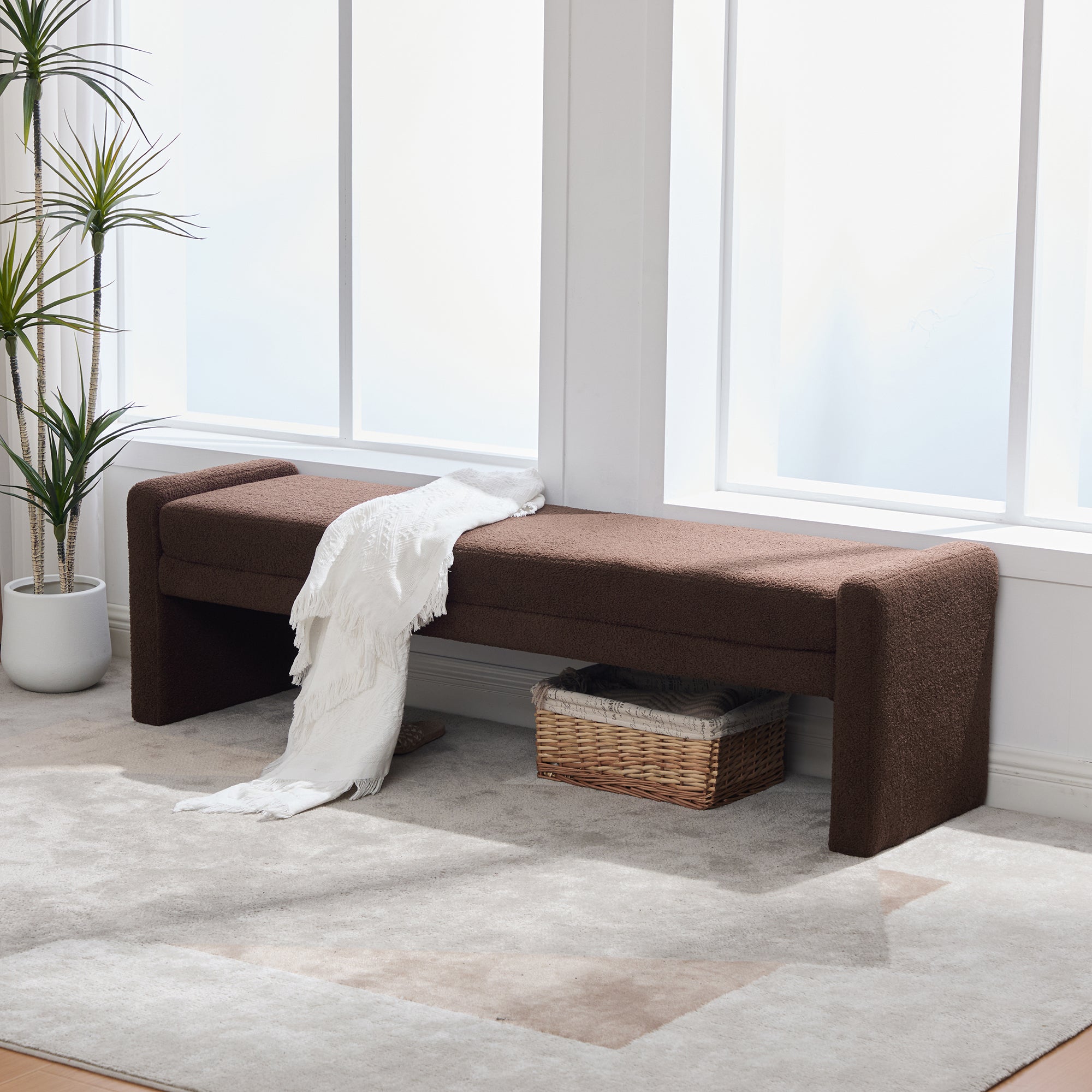 66.9 Modern Upholstered Boucle End Of Bed Bench, Oversized Accent Entr