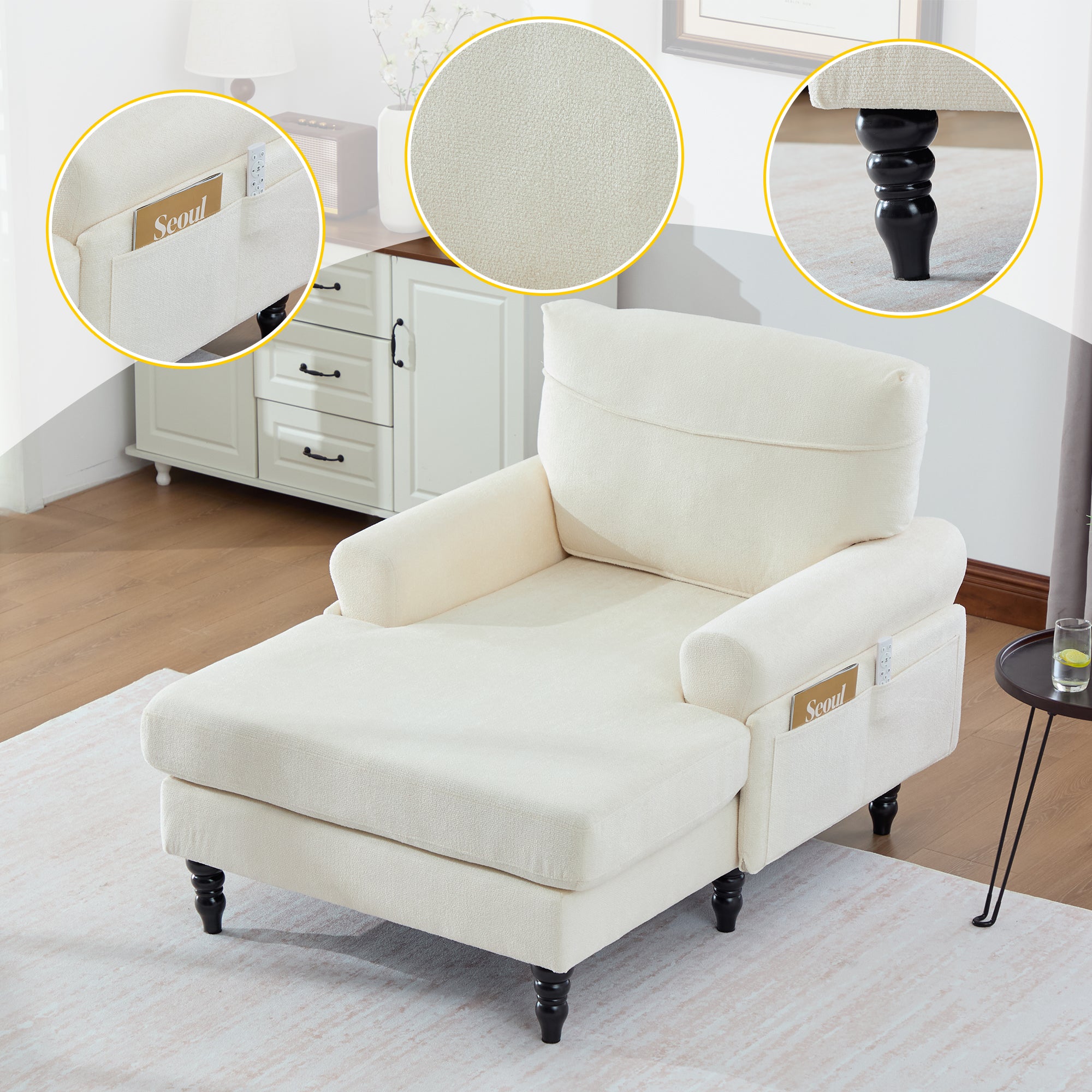 Modern Minimalist Chenille Fabric Chaise Lounge Recliner Single Sofa L