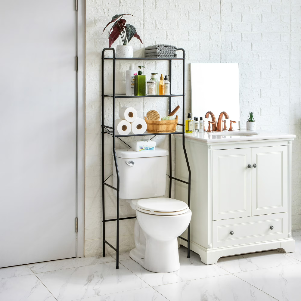 Over-the-Toilet Steel Storage Unit With 3 Shelves And Liners, Matte Bl