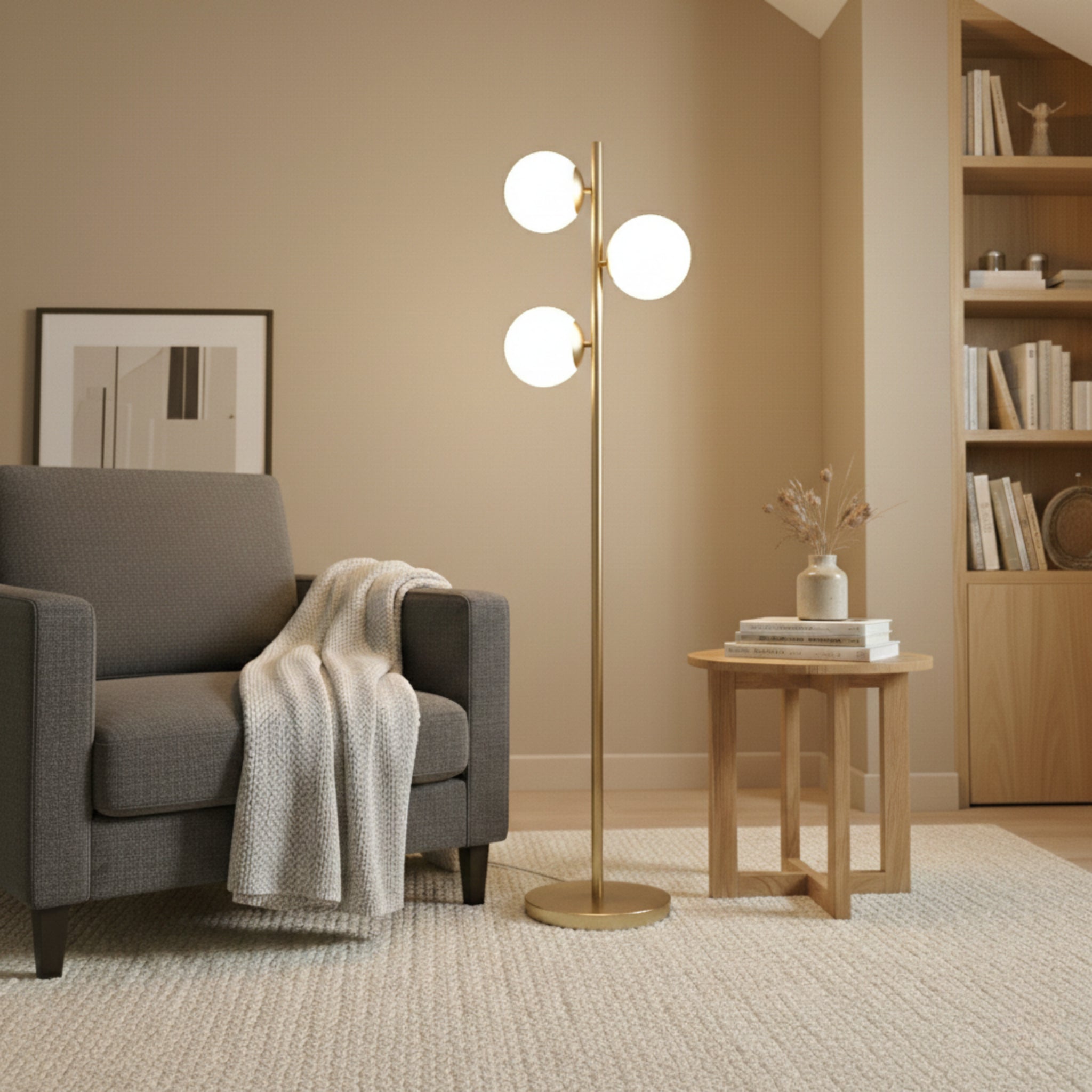 Brilliance Modern Gold Brush Floor Lamp, Opal Glass Shades And Round M