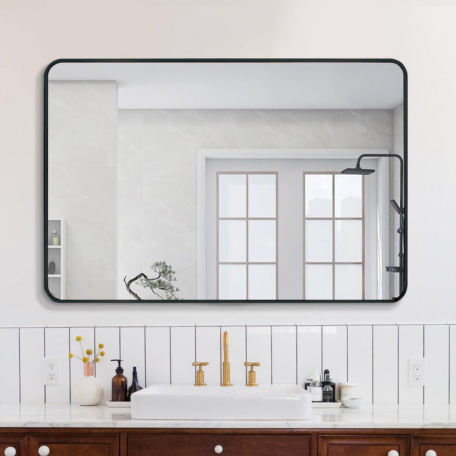 30x40 Inch Black Metal Framed Rectangular Bathrrom Mirror For Wall. W2