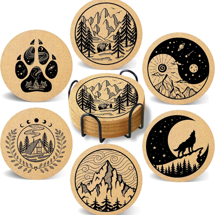 6 Piece Mountain Cork Coaster Set With Holder, 4 Inch Round Absorbent