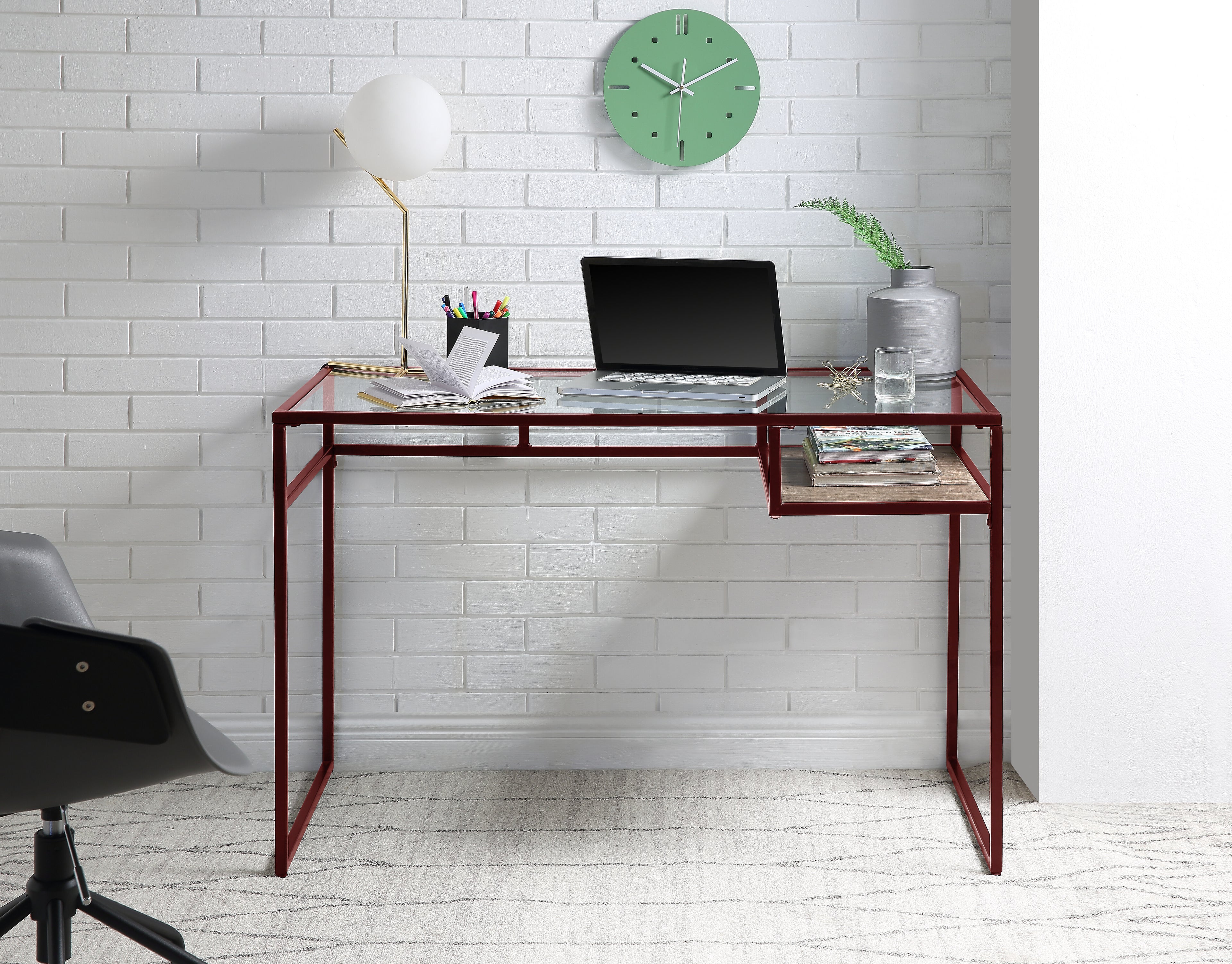 Yasin Glass Top & Red Finish Writing Desk