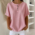 Casual Solid Color V-Neck Buttoned Striped Cotton-Linen T-Shirt