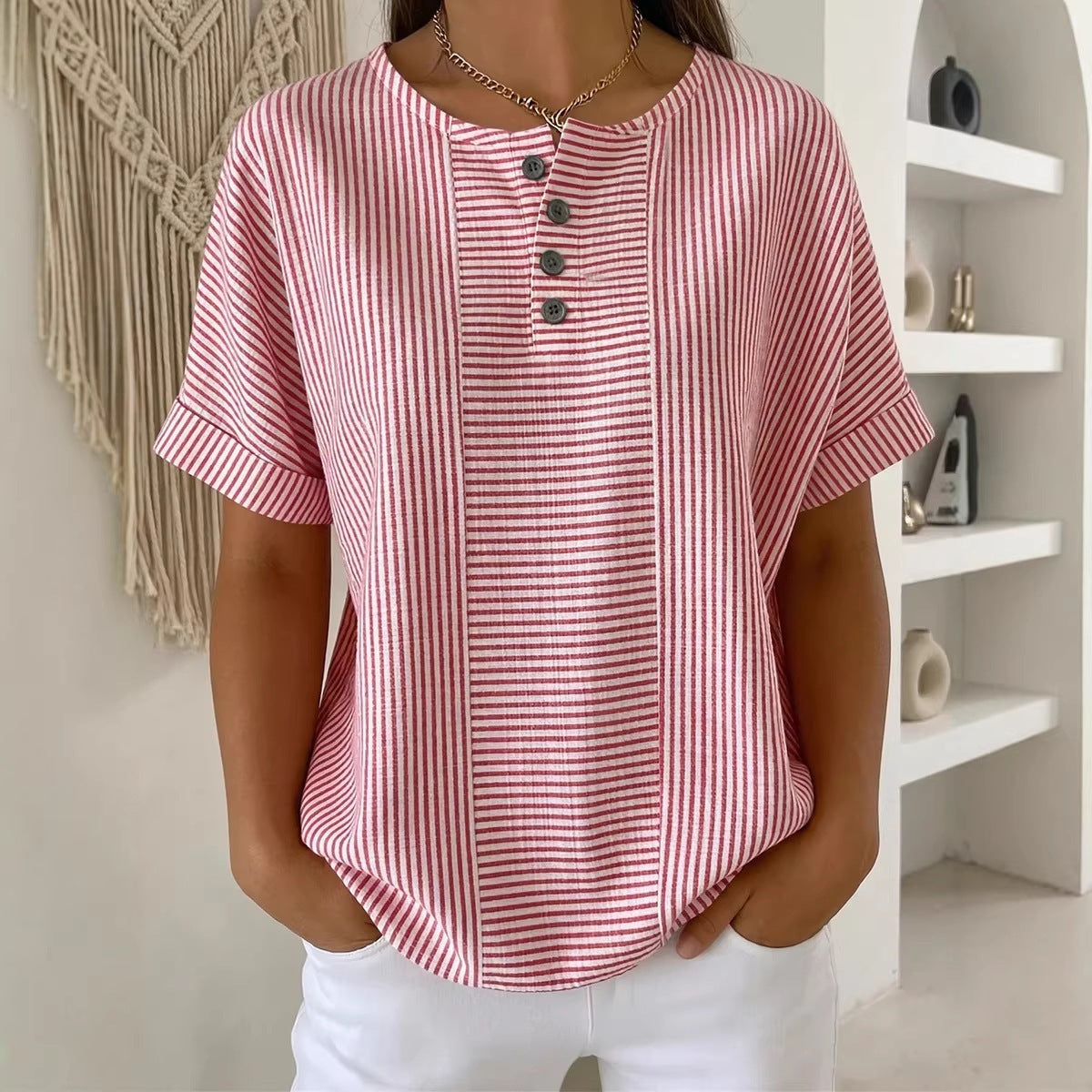 Casual Solid Color V-Neck Buttoned Striped Cotton-Linen T-Shirt