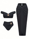 Black Off Shoulder Starfish Decor Bikini Set With Twist Front Cover Up