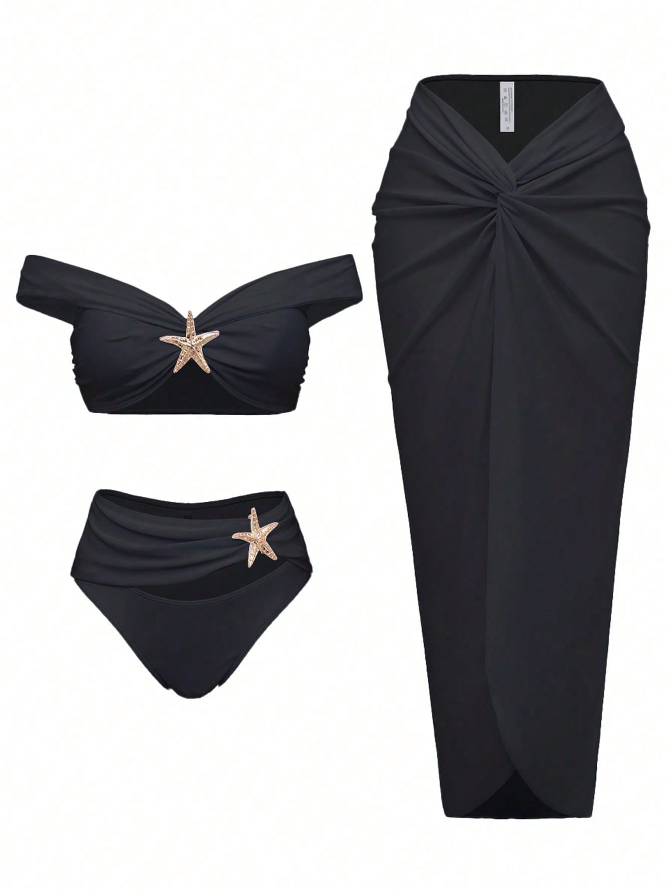 Black Off Shoulder Starfish Decor Bikini Set With Twist Front Cover Up