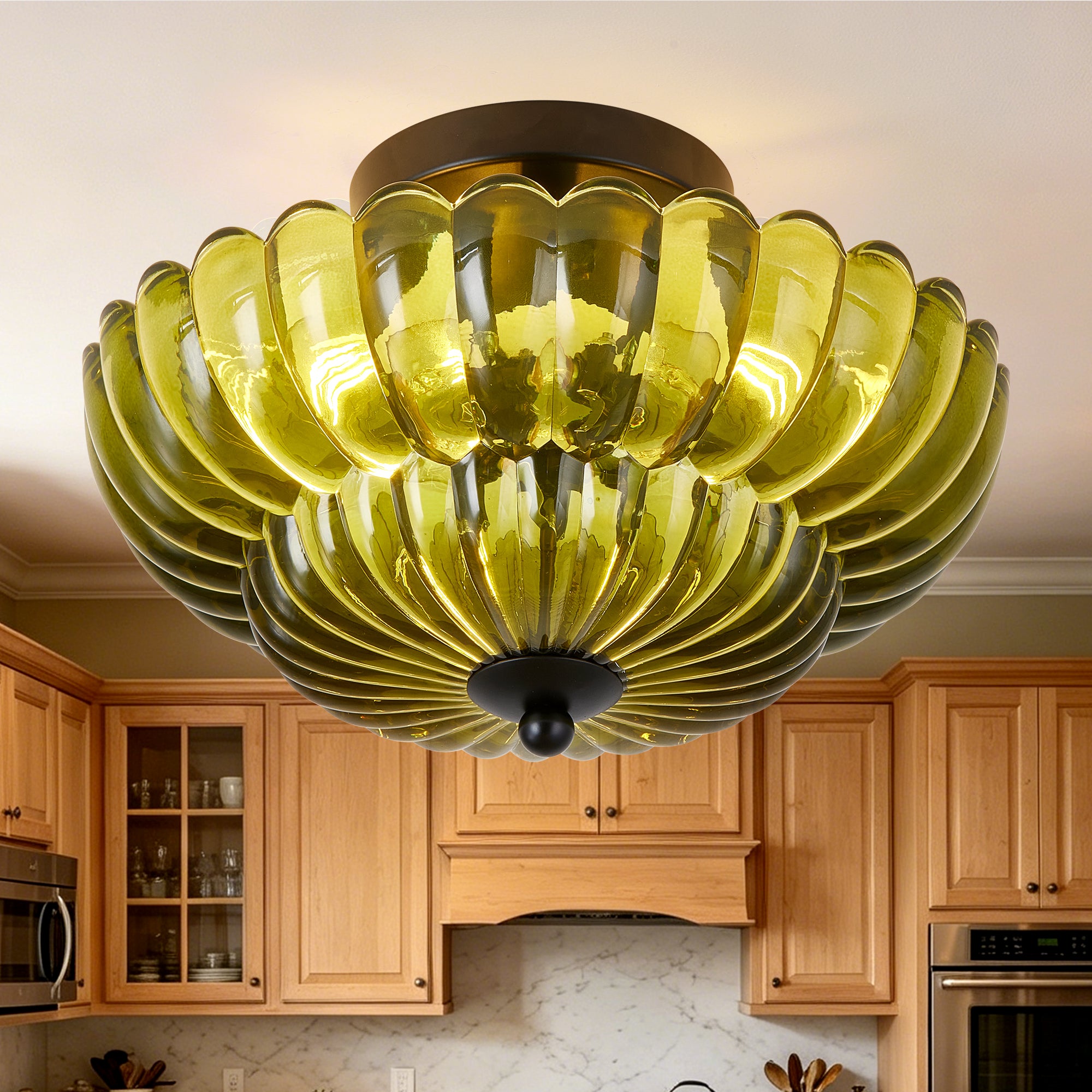 Semi Flush Mount Ceiling Light, Green Glass Ceiling Light Fixture, 3-B