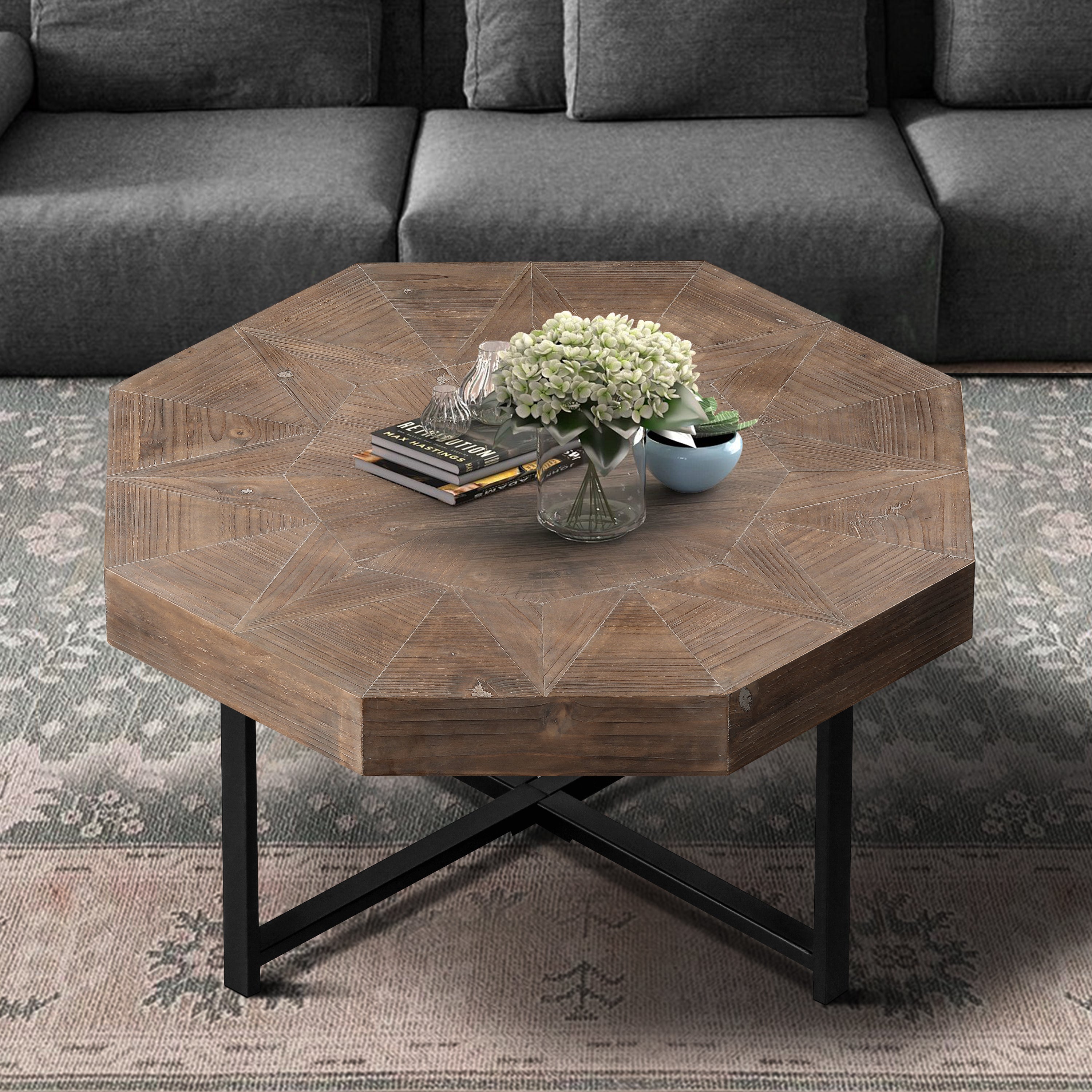 Wood Octagonal Vintage Patchwork Craft Farmhouse 30 Inch Wooden Table