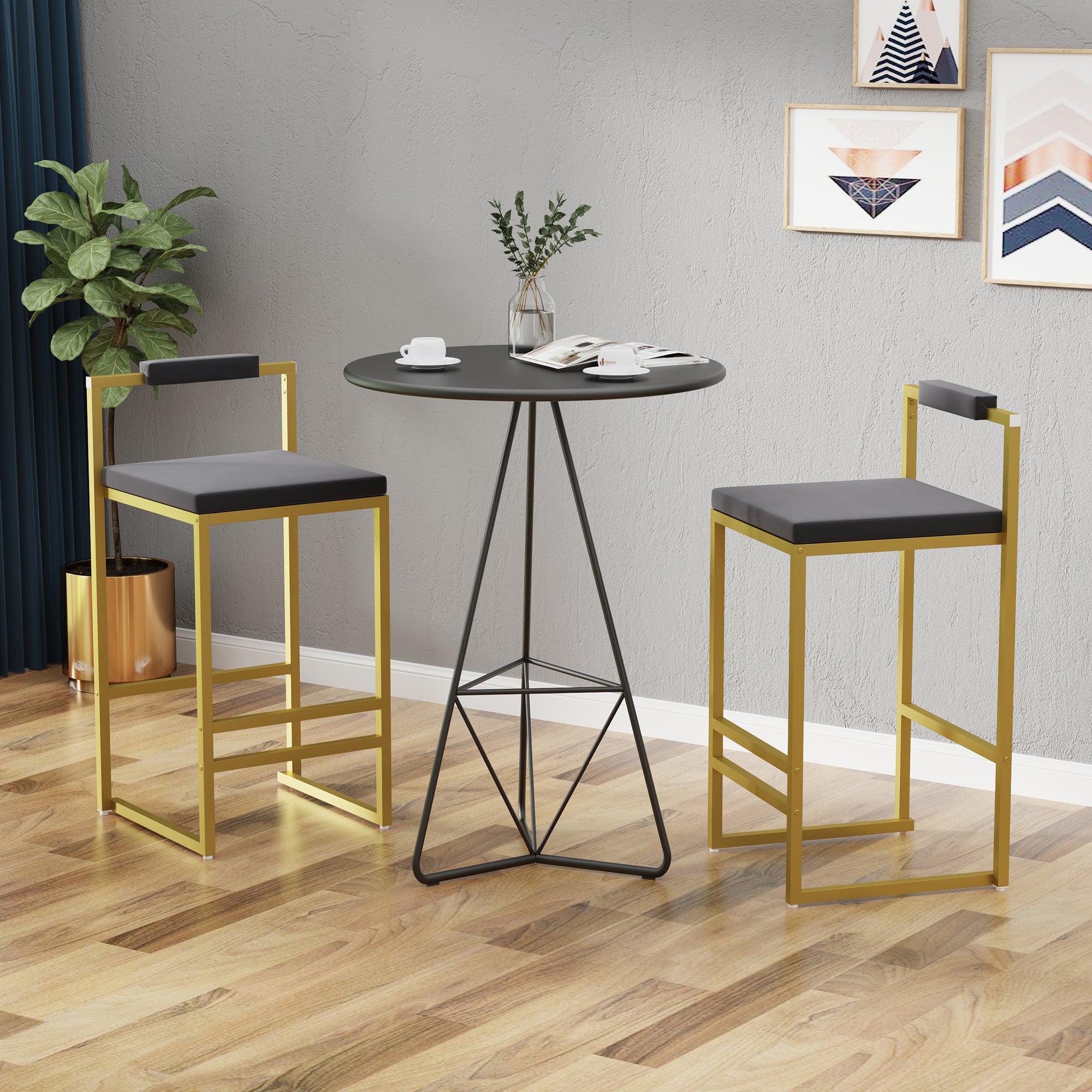Set Of 2 Bar Stools With Backrest & Footrest Counter Height Velvet Uph