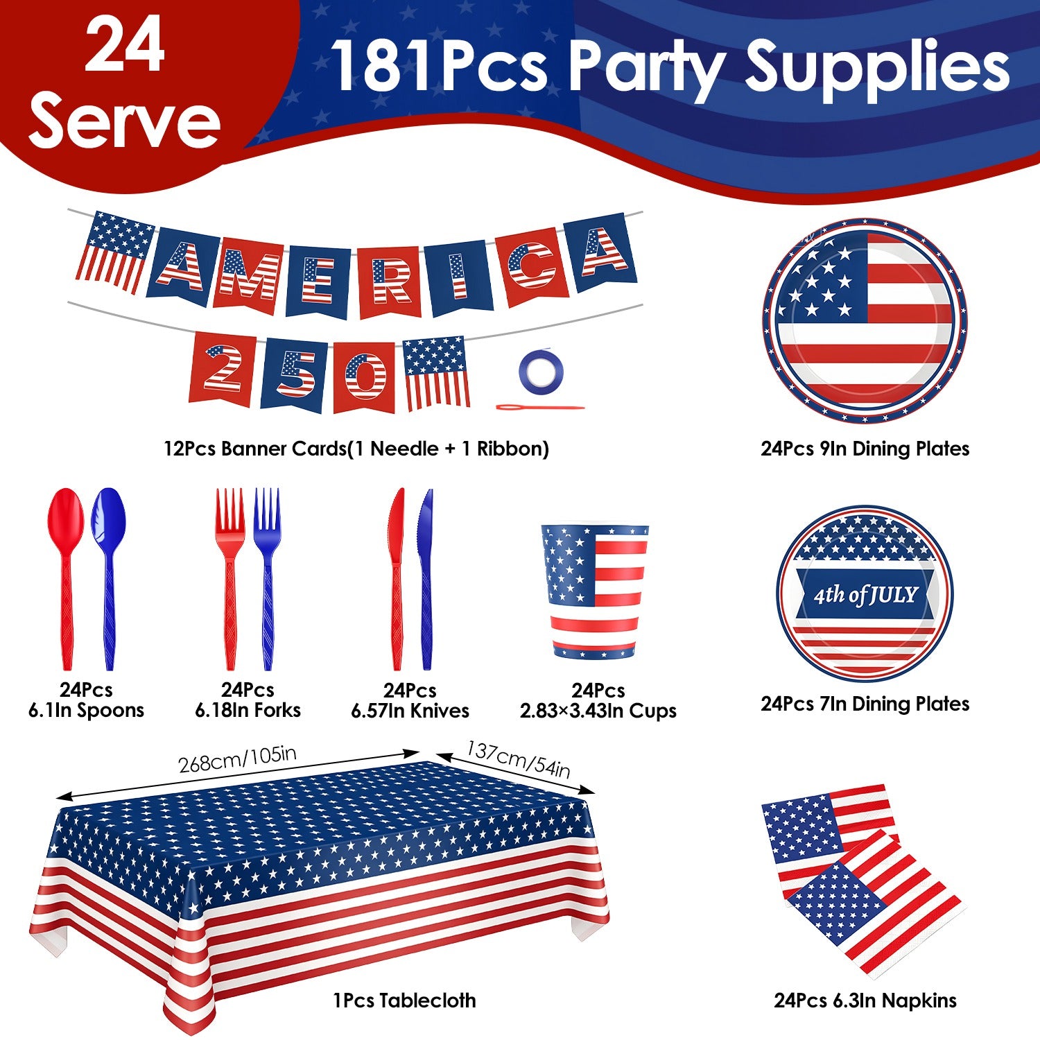 181Pcs 4th Of July 250th Anniversary Party Supplies Set Independence D