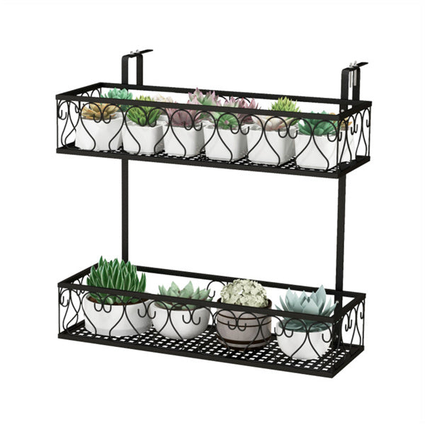 2-Tier Adjustable Railing Plant Stand With Hooks, Metal Hanging Flower