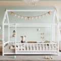 Twin Size Floor Wooden Bed With House Roof Frame, Fence Guardrails,Whi