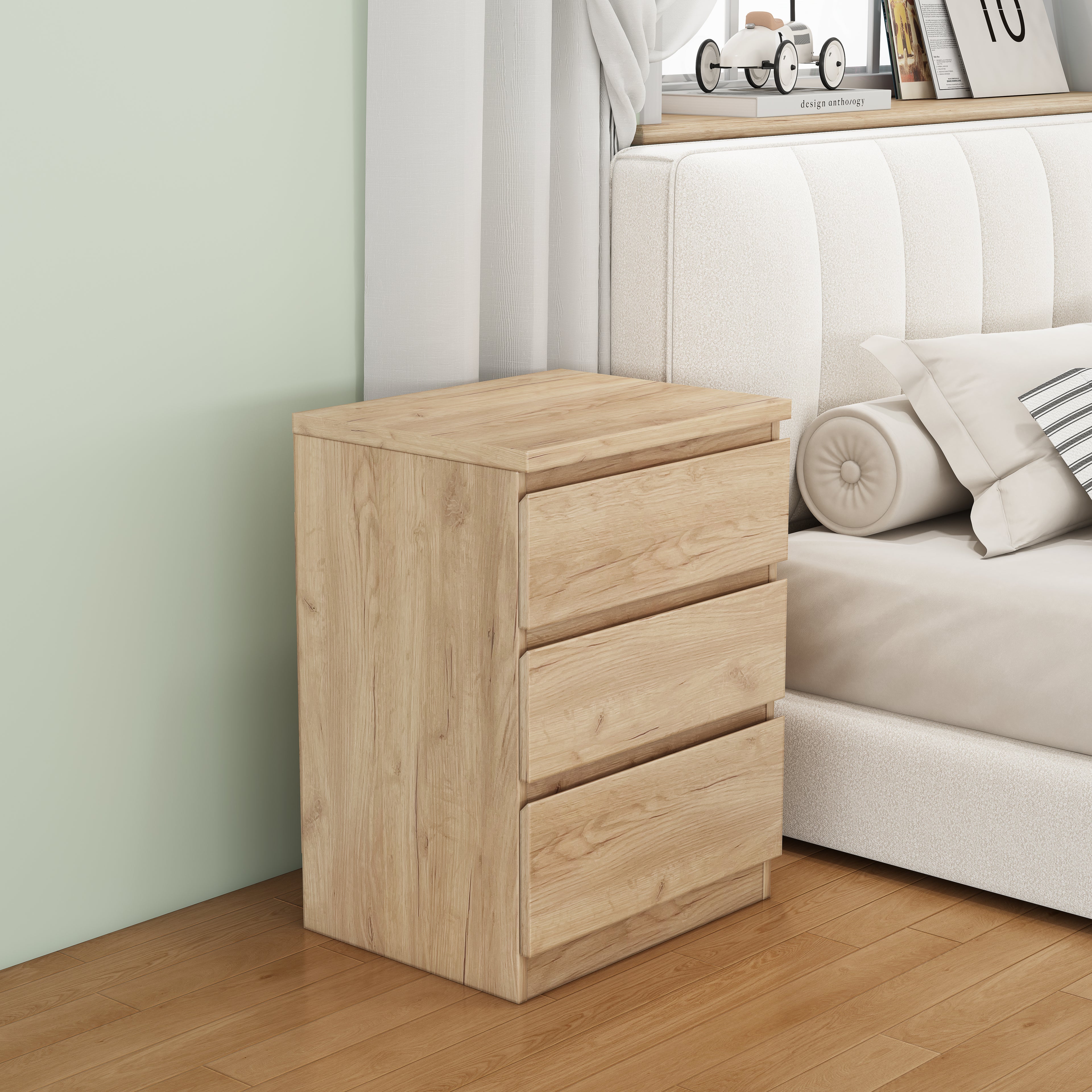 19.7-Inch Natural Nightstand With 3 Drawers, Beside Table With Drawers