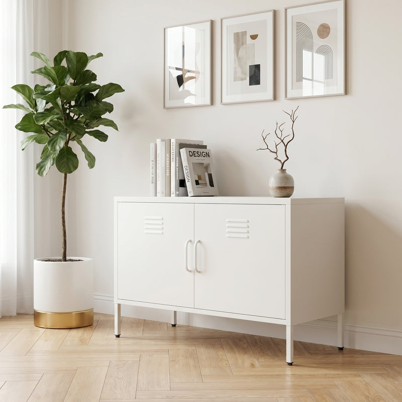 White 2-Door Wide Metal Storage Cabinet W Legs & Vent, Low Side Cupboa