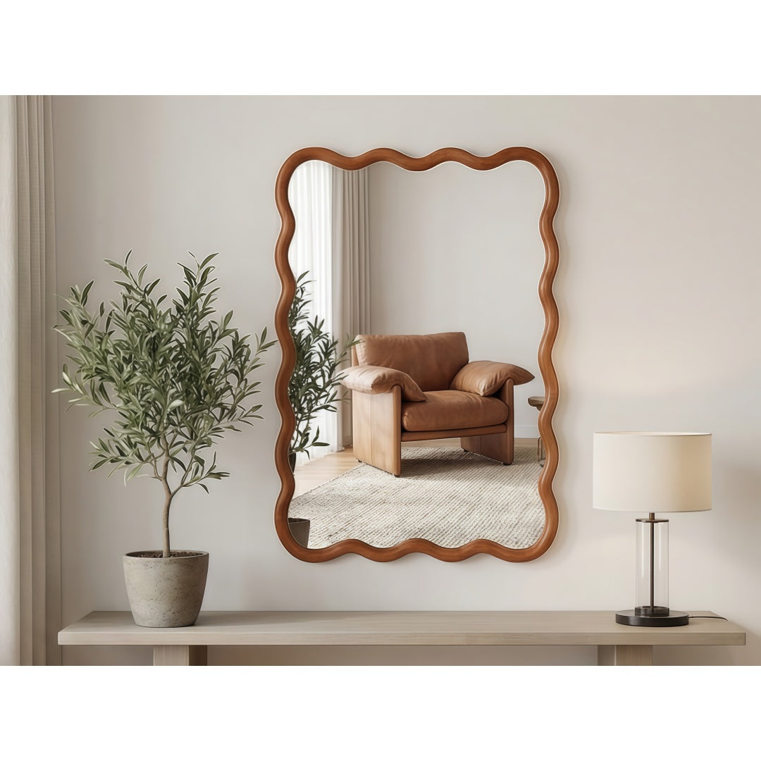 Wavy Solid Wood Mirror in Warm Brown