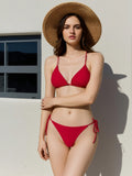 2026 New Solid Red Halter Triangle Bikini Set, Adjustable Side Tie Hig