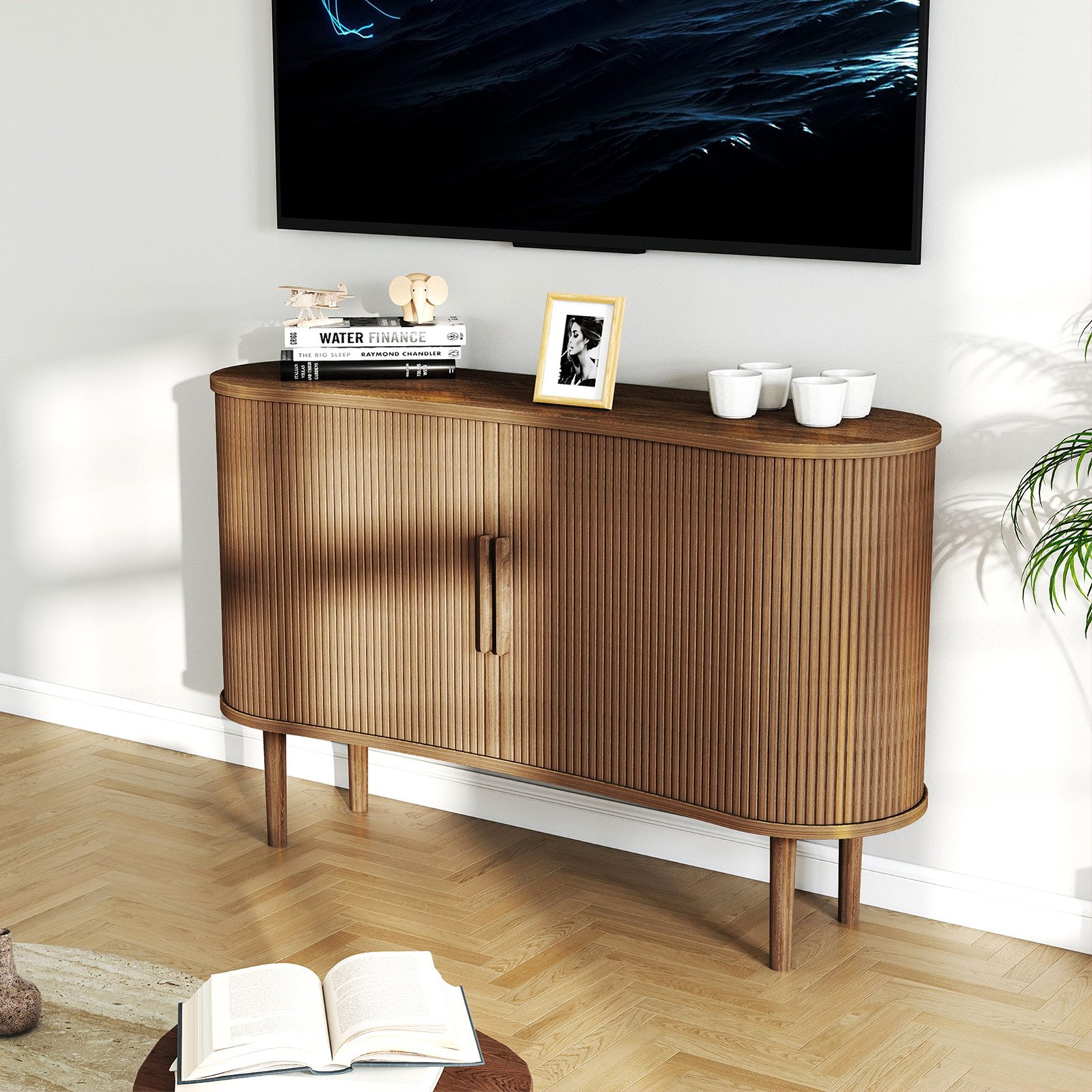 55in Storage Sideboard Modern Fluted Buffet Cabinet With Sliding Door