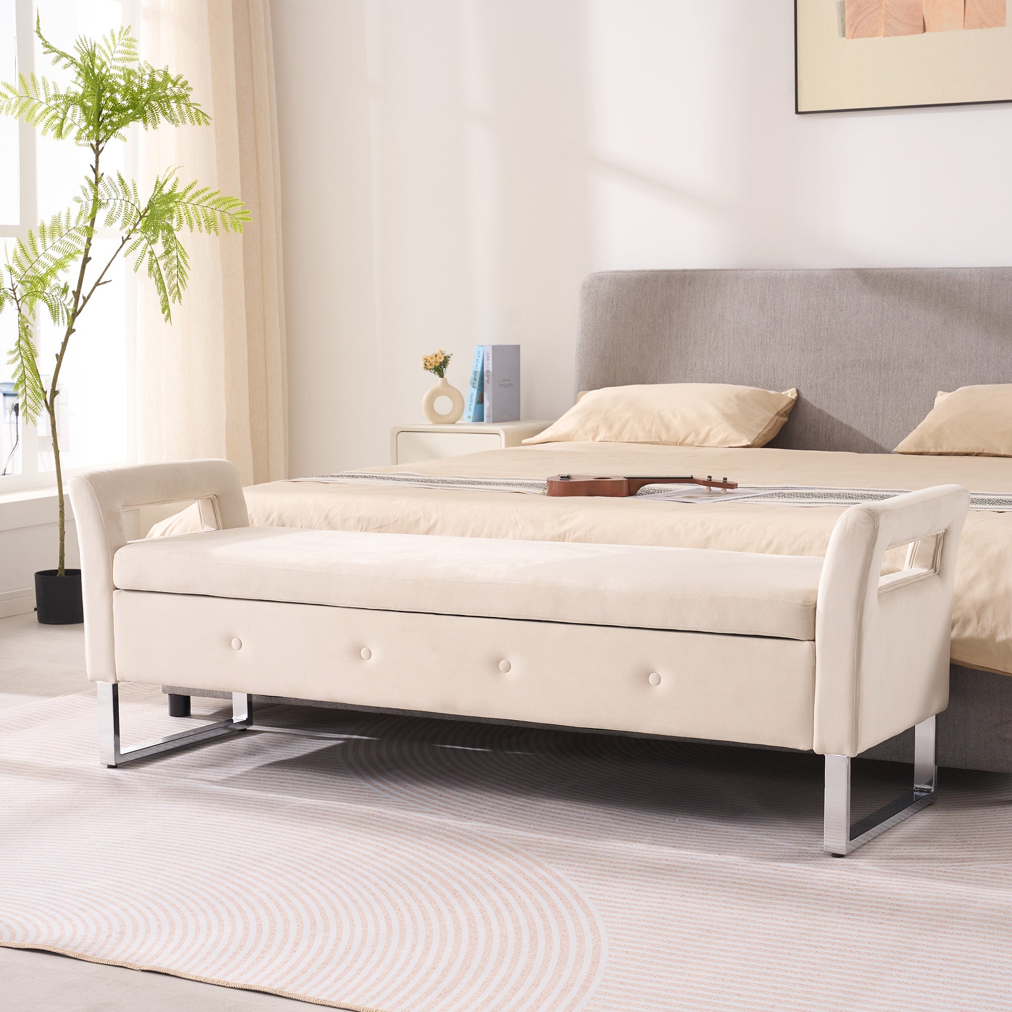 67.91 Wide Velvet Storage Soft Bench With Armrests For Living Room, En
