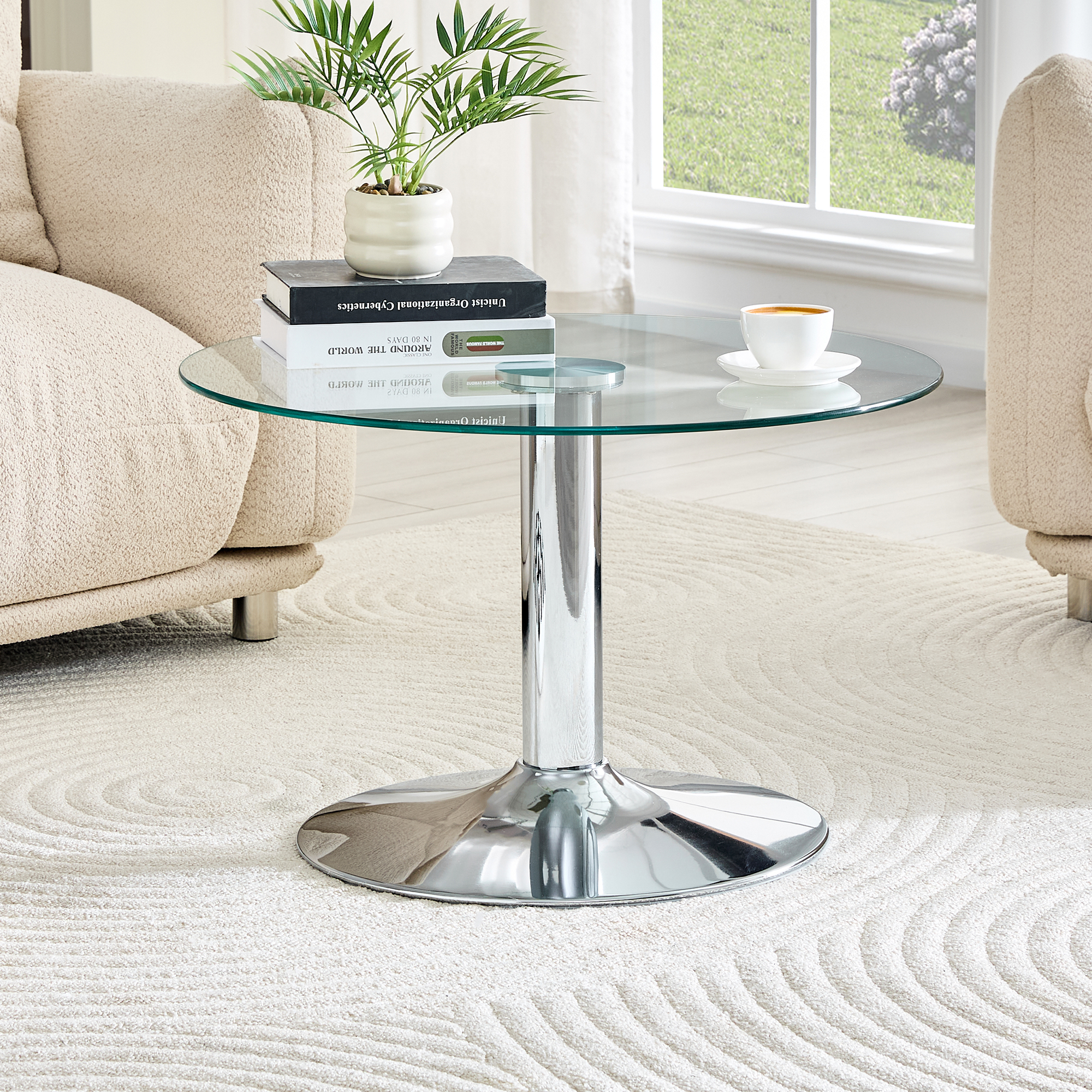 27.5-inch Diameter Round Tempered Glass Coffee Table. 17.7 Inches High