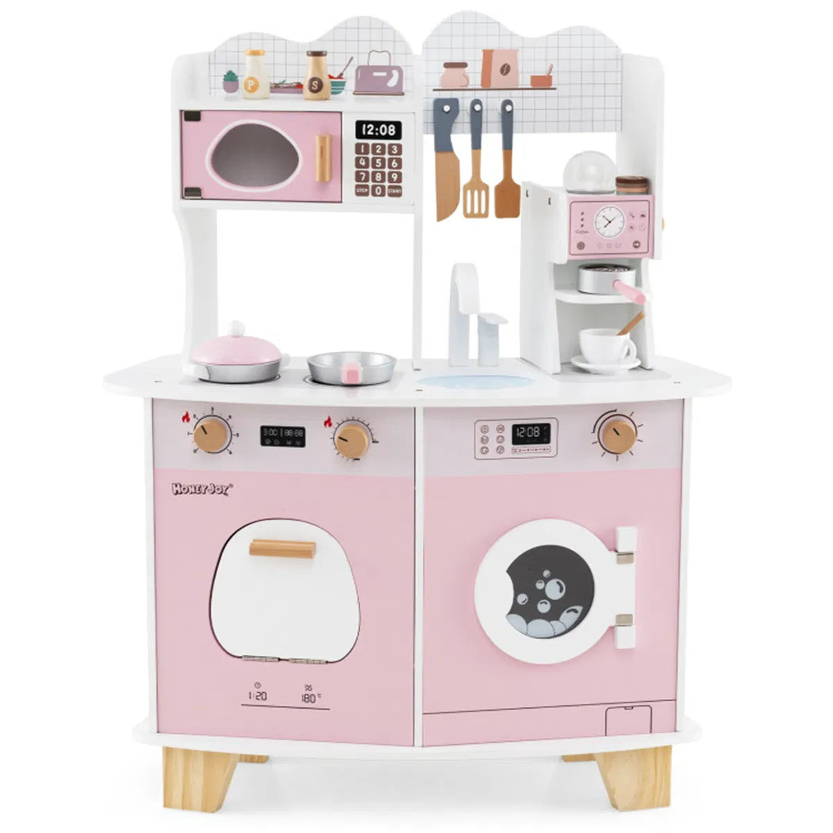 Pink Kids Coffee Kitchen Playset with Microwave Oven Stove for 3+ Year