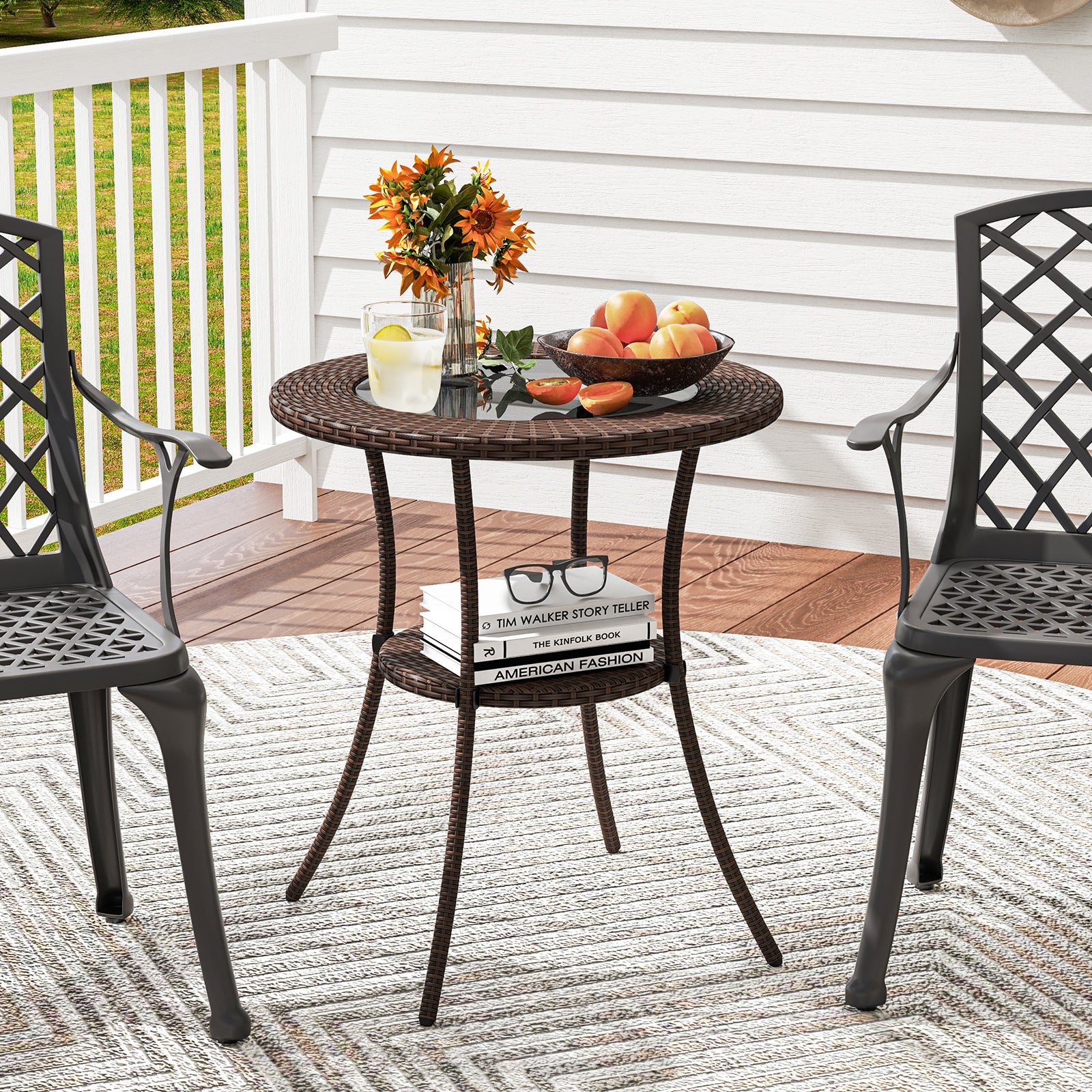 PE Wicker Patio Bistro Table Round With Tempered Glass Top And Shelf