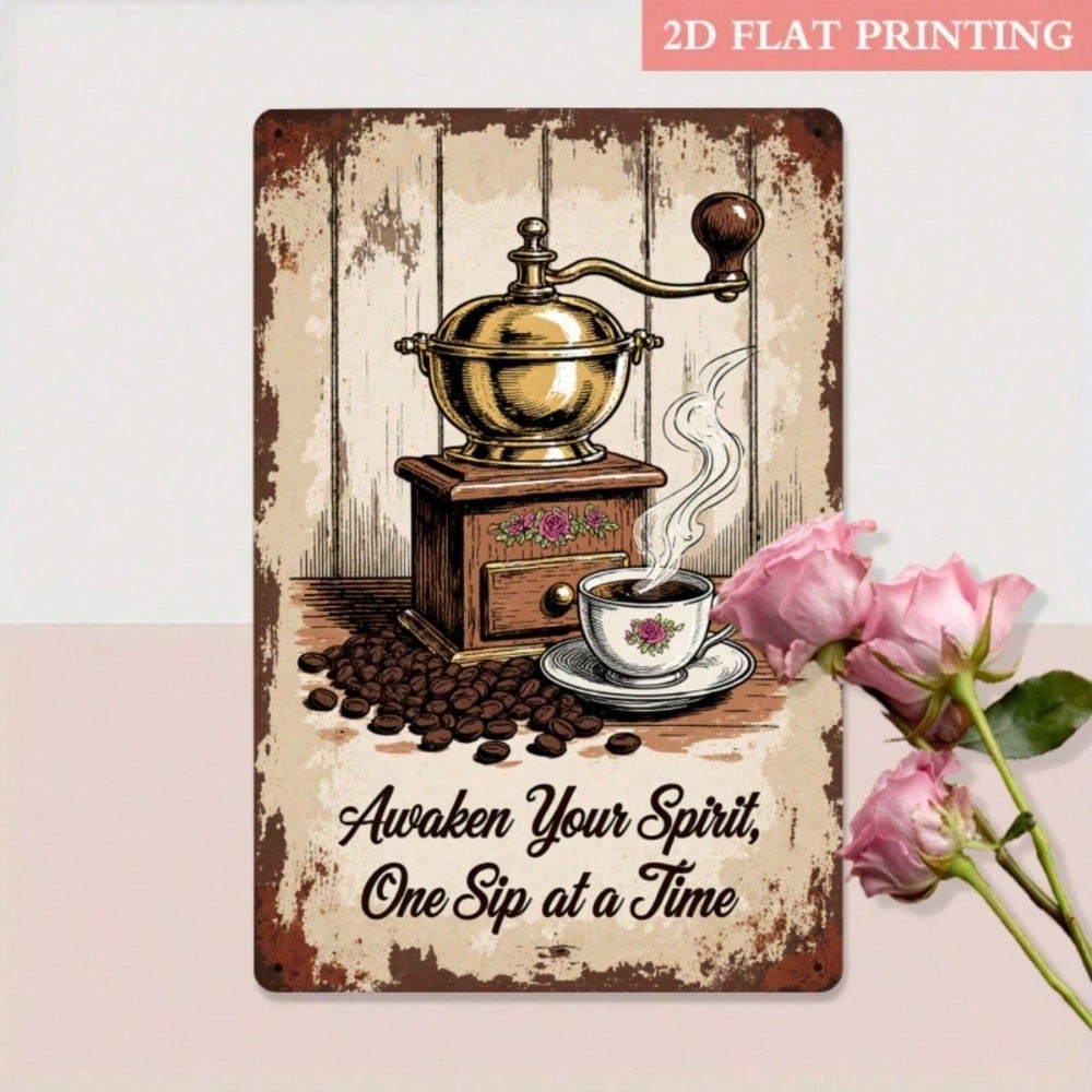 Vintage Coffee Metal Wall Sign, Retro Coffee Bean & Cup 2D Flat Iron P