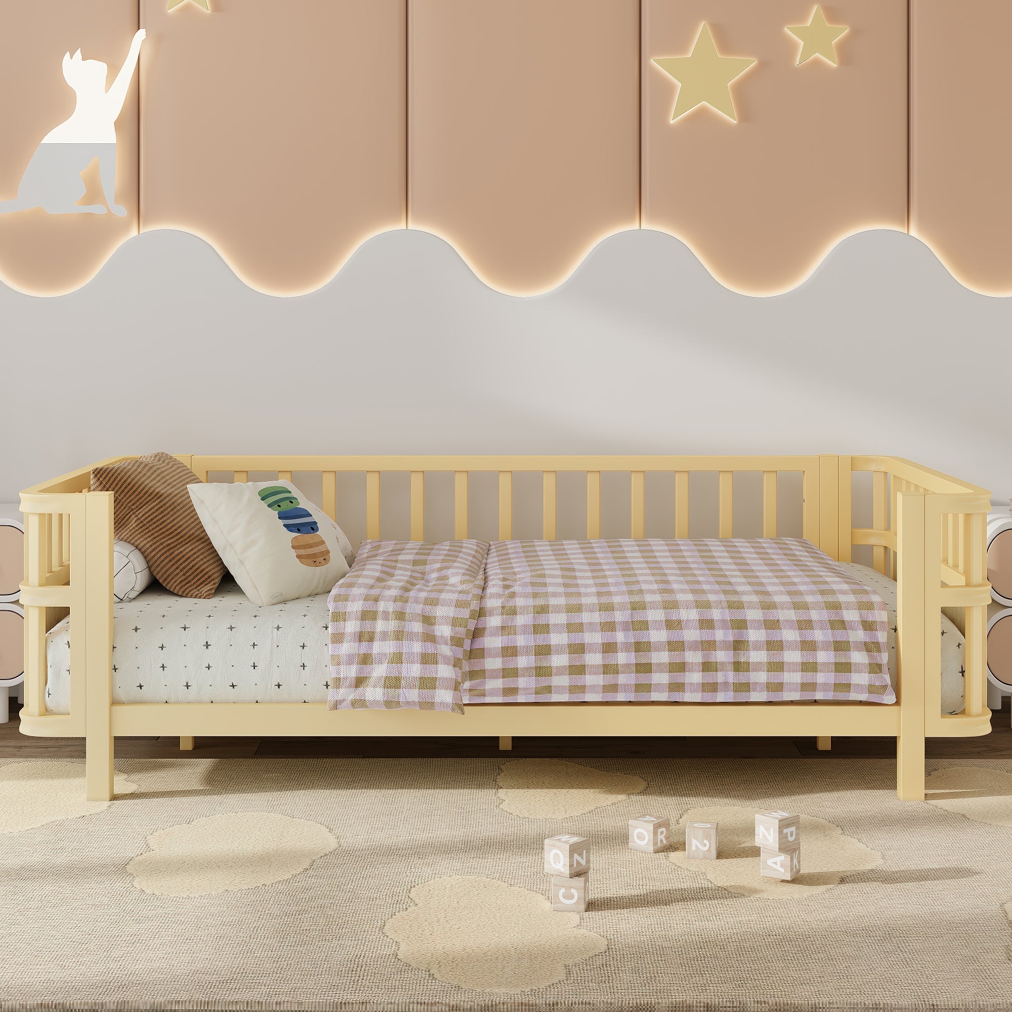 Children S Double Wooden Platform Bed With Railings, A Low Iron Double