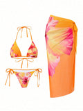 Orange Hibiscus Floral Print Triangle Bikini Set With Sheer Cover Up S