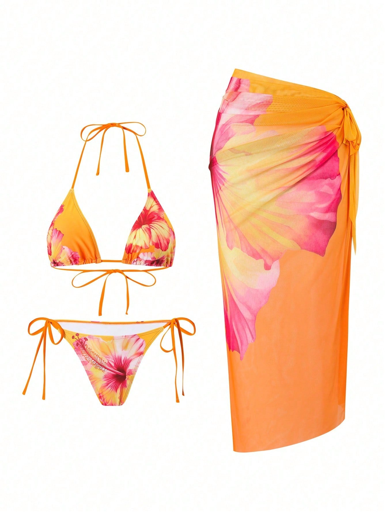 Orange Hibiscus Floral Print Triangle Bikini Set With Sheer Cover Up S
