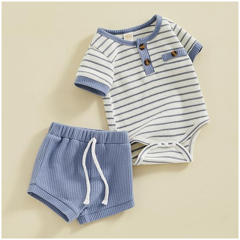 Baby Boy Summer Clothes Button Short Sleeve Romper Bodysuit Shorts Set