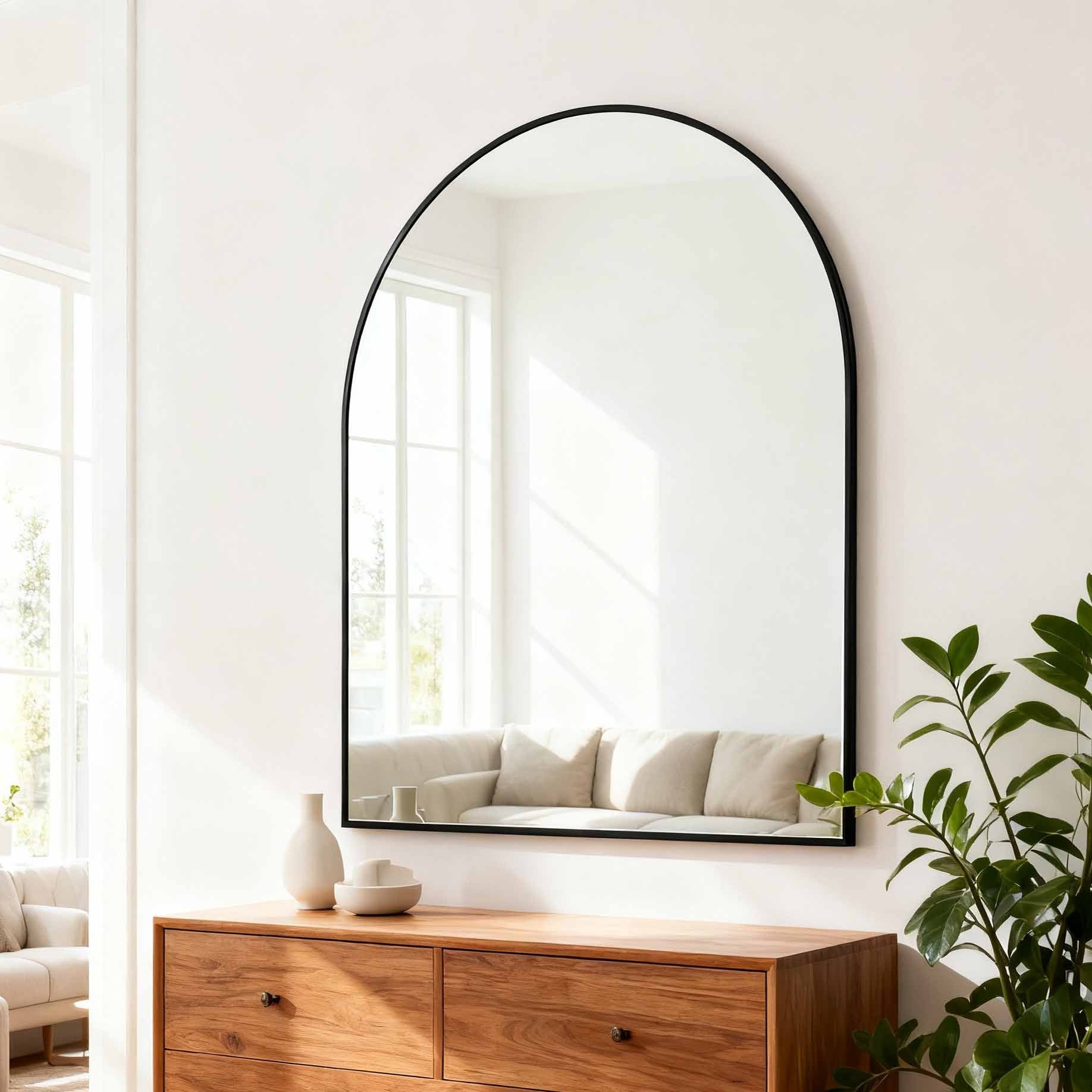 30x36 Inch Black Metal Framed Arched Bathrrom Mirror For Wall.