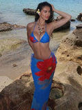 Blue & Red Floral Print Triangle Bikini Set With Matching Sarong Cover