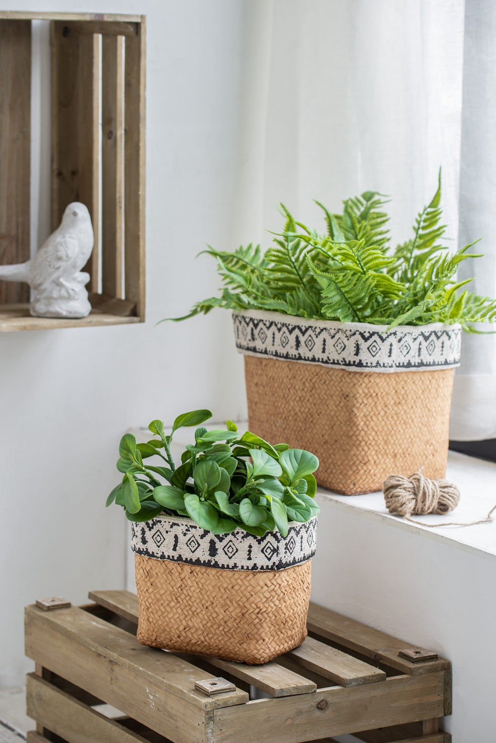 Rectangular Basket Planters with Geometric Trim