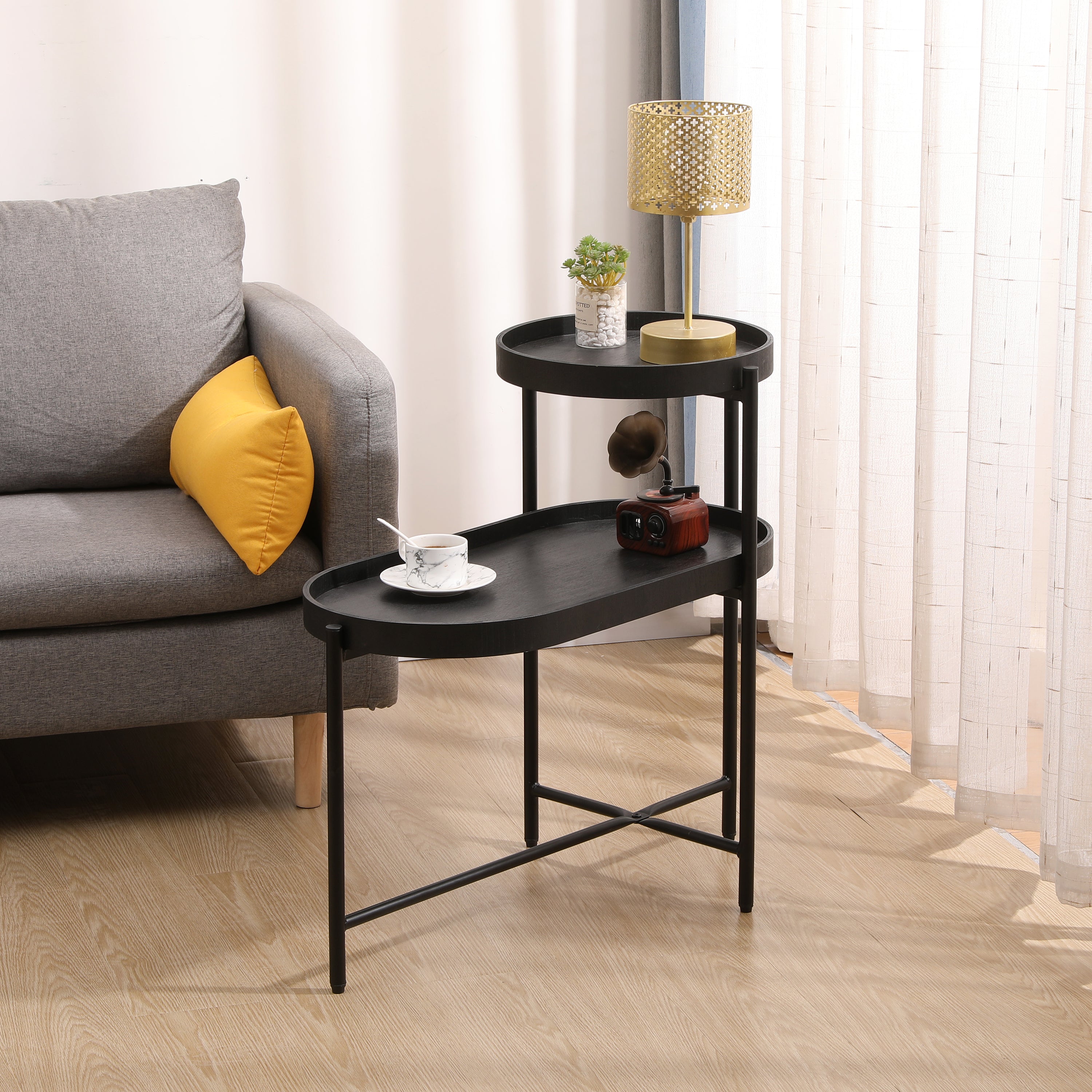 2-Tier Black Side Table With Storage Sofa Table For Living Room Metal