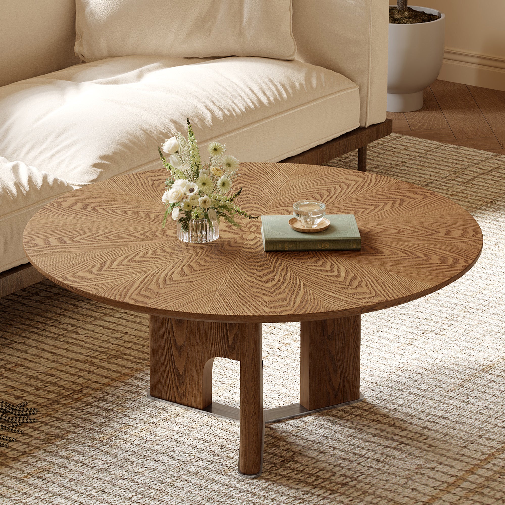 31.5 Inches Round Rustic Ash Wood Veneer Coffee Table For Small Living