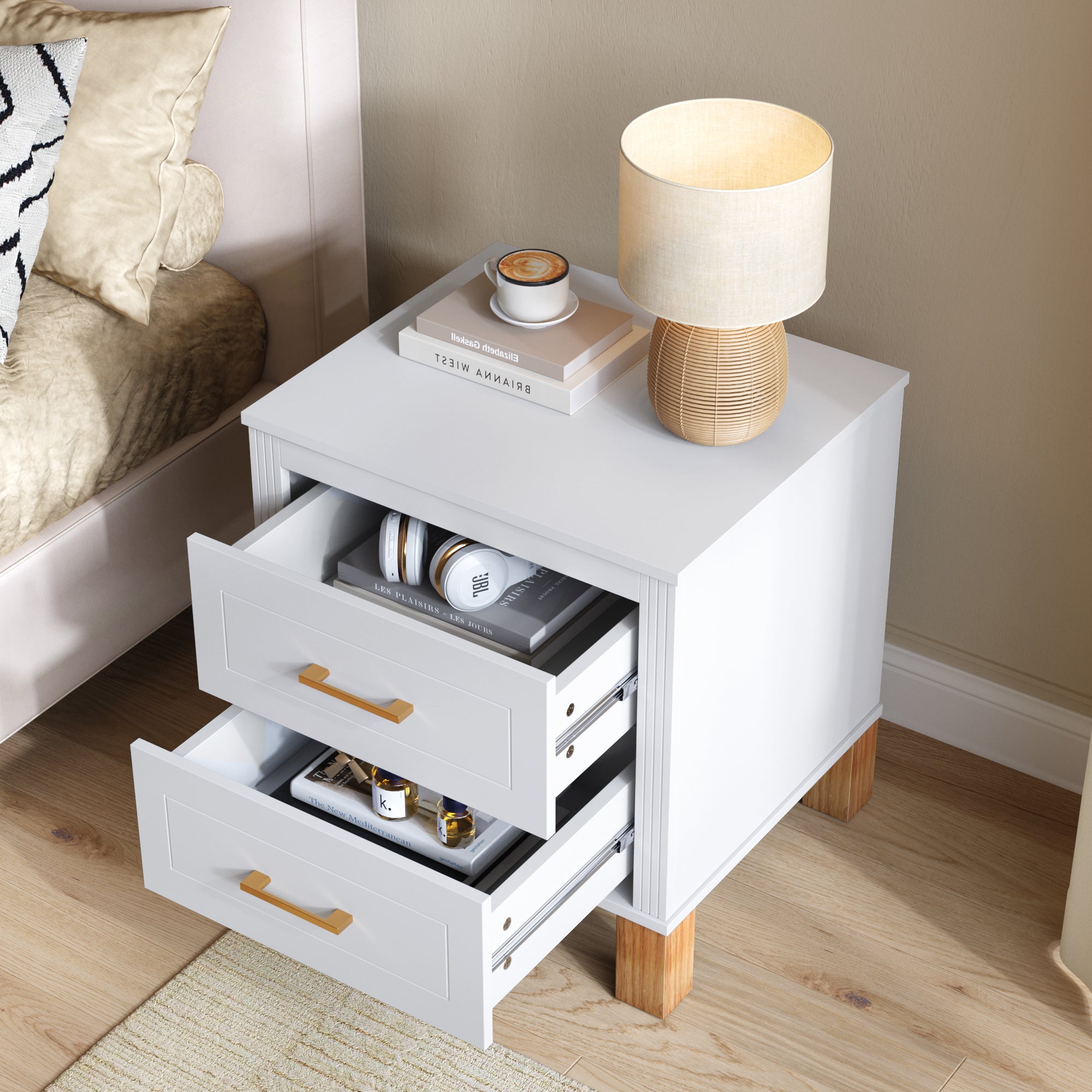 2 Drawer Nightstand, Premium Wood Storage With Elegant Fluted Design,